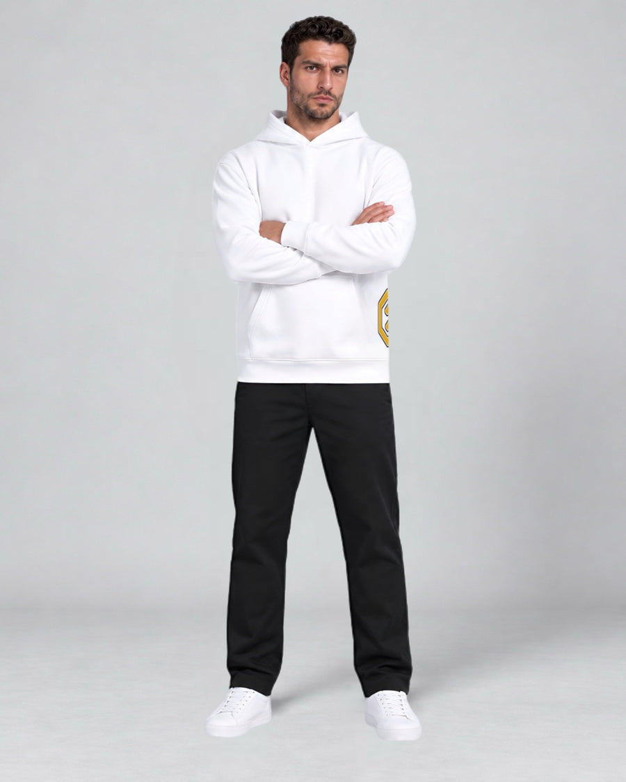 LGLGFG Static pullover hoodie in white, model standing with arms crossed