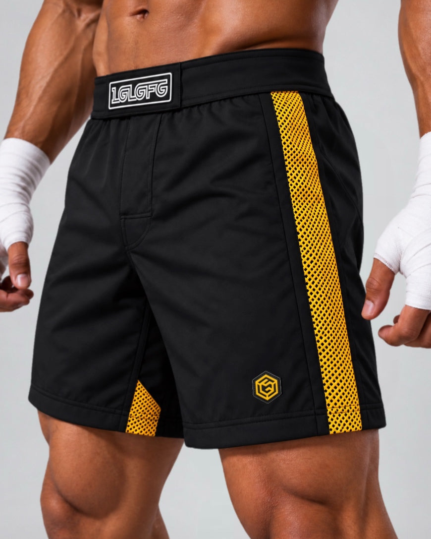 LGLGFG Calibra MMA shorts worn by model, side seam detail