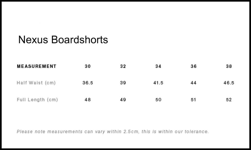 Measurement chart for Nexus Boardshorts with waist and length details.