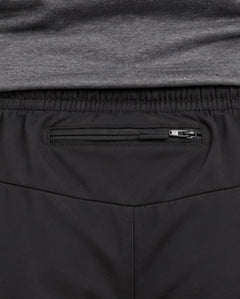 LGLGFG Aegis Shorts in Black worn by model, close up third angle