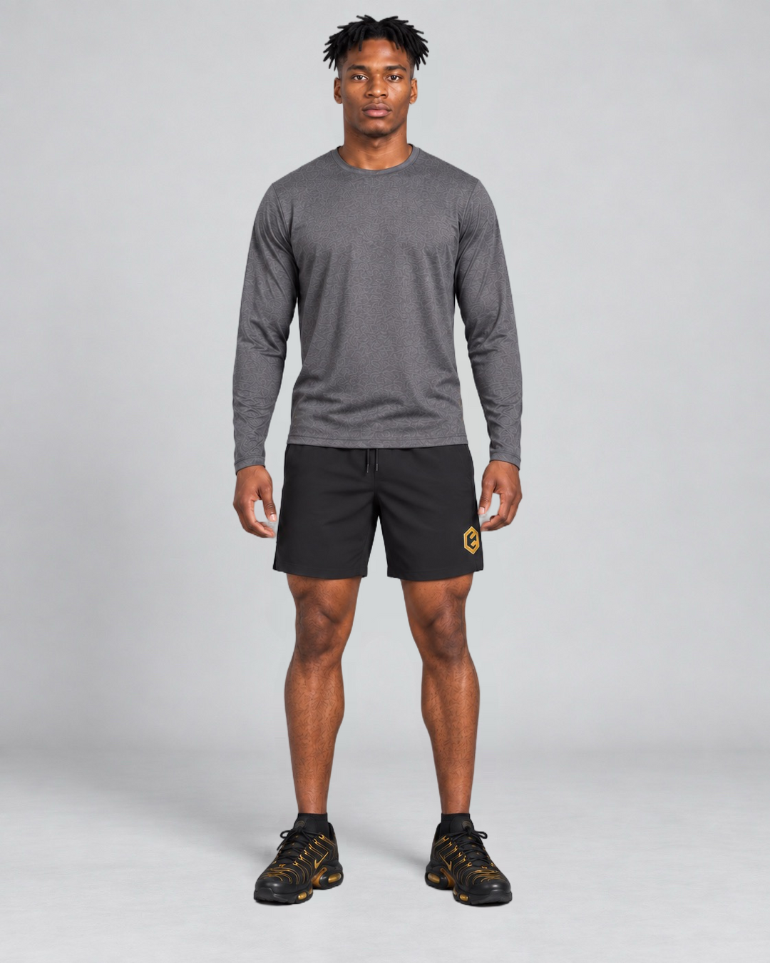 LGLGFG Aegis Shorts in Black worn by model, full length second angle