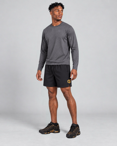 LGLGFG Aegis Shorts in Black worn by model, full length third angle