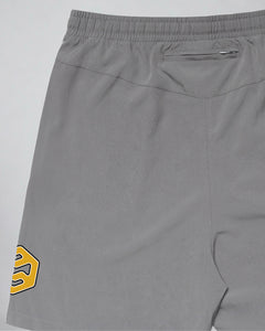 LGLGFG Aegis Shorts in Grey laid flat, fabric and construction detail
