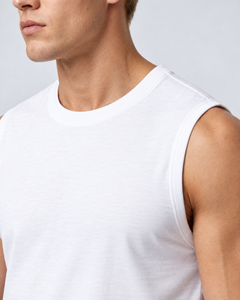 LGLGFG Arc Tank in White worn by model, close up on fit