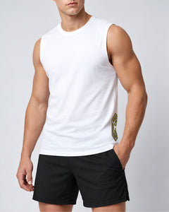 LGLGFG Arc Tank in White worn by model, close up second angle