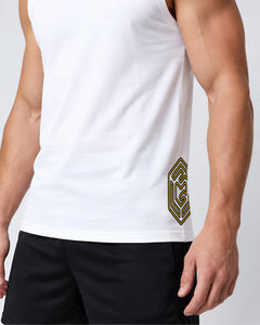 LGLGFG Arc Tank in White worn by model, close up third angle