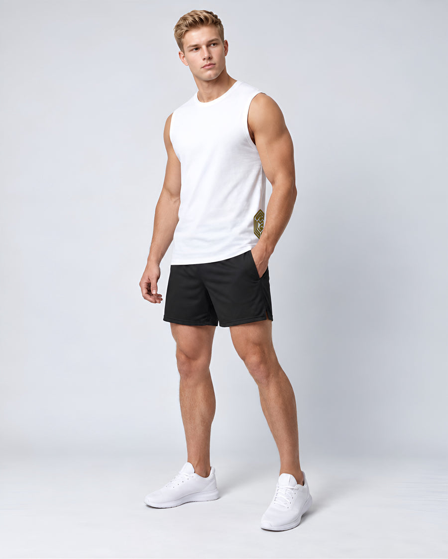 LGLGFG Arc Tank in White worn by model, full length. Men's ActiveEdge tank