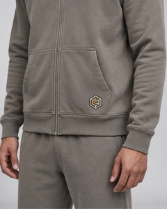 LGLGFG Axis Tracksuit in Faded Grey worn by model, close up on fit