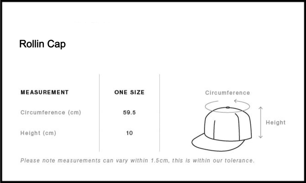 Measurement chart for a rollin cap with circumference and height details.