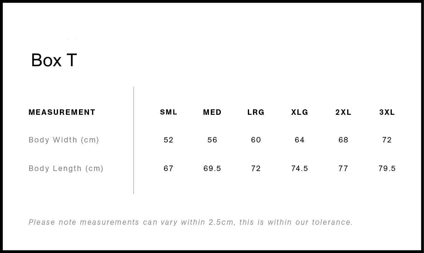 Measurement chart for 'Box T' with size options and corresponding dimensions.