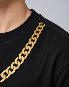 LGLGFG Baller T in Black worn by model, close up on fit