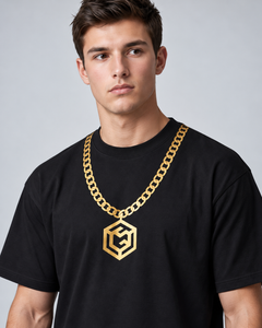 LGLGFG Baller T in Black worn by model, close up second angle