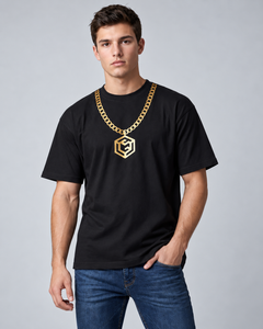 LGLGFG Baller T in Black worn by model, close up third angle