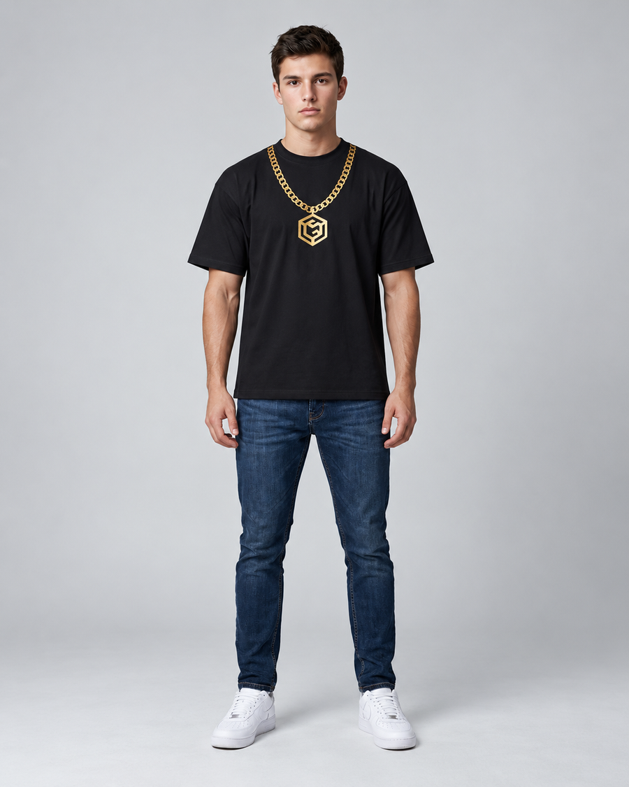 LGLGFG Baller T in Black worn by model, full length second angle