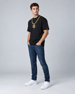 LGLGFG Baller T in Black worn by model, full length third angle