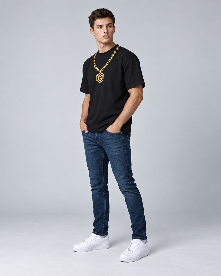 LGLGFG Baller T in Black worn by model, full length third angle