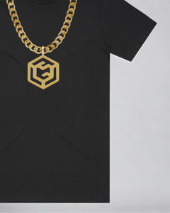 LGLGFG Baller T in Black laid flat, fabric and construction detail