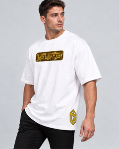 LGLGFG Bullion T in White worn by model, close up on fit