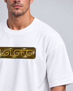 LGLGFG Bullion T in White worn by model, close up second angle