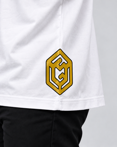 LGLGFG Bullion T in White worn by model, close up third angle