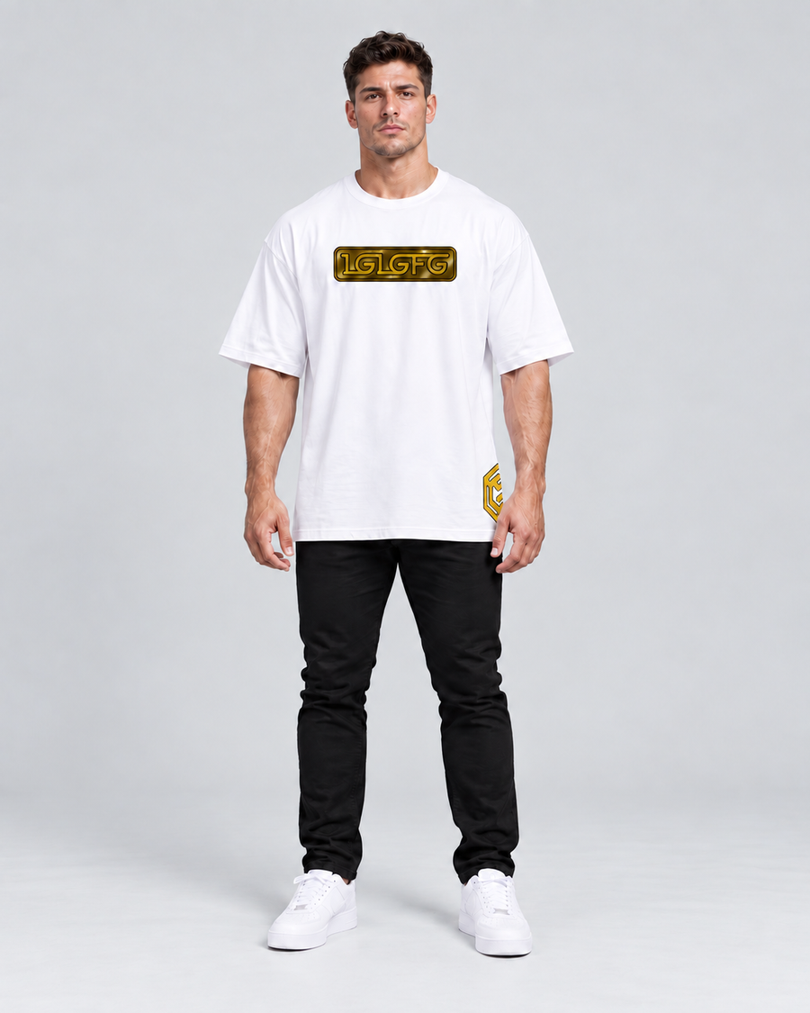 LGLGFG Bullion T in White worn by model, full length second angle