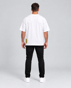 LGLGFG Bullion T in White worn by model, full length third angle