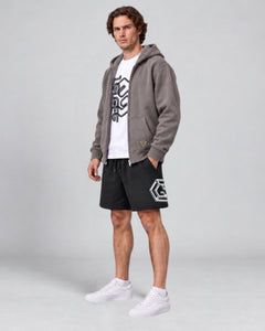 LGLGFG Trio Kit with zip hoodie, graphic T shirt and black shorts, model front view