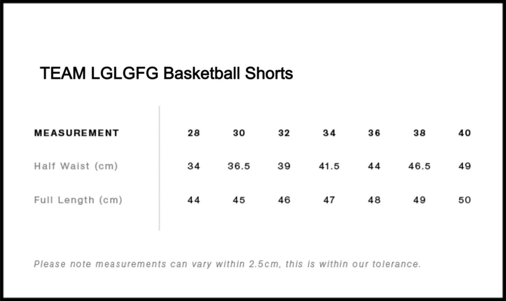 Measurement chart for TEAM LGLGFG Basketball Shorts with waist and length dimensions.