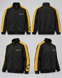 LGLGFG Calibra jacket in black and gold, front and back product views