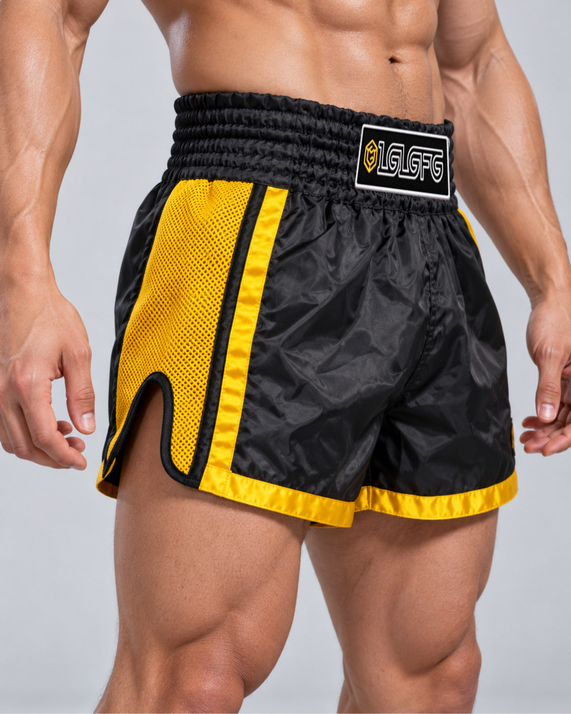 LGLGFG Calibra Muay Thai shorts, gold side panel detail