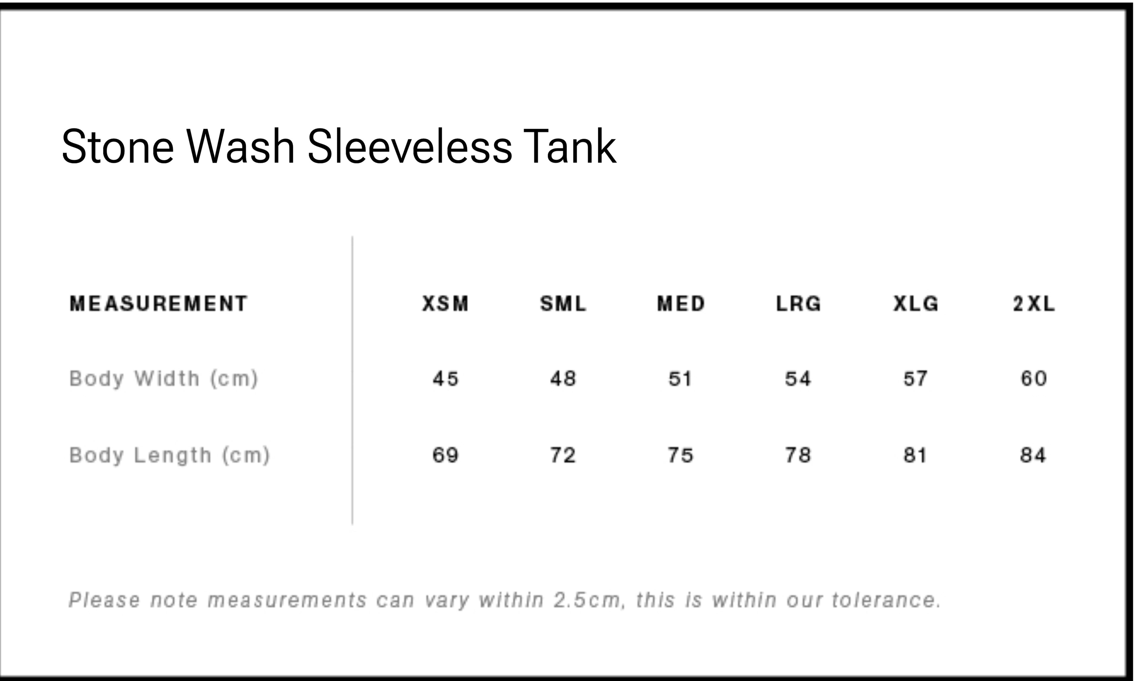 Measurement chart for a stone wash sleeveless tank top with size dimensions.