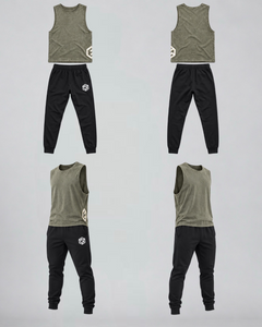 LGLGFG Vs Kit, Keystone Tank in Moss Stone with Canon Joggers in Black. Men's two piece set