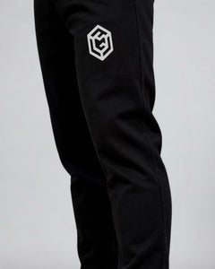 LGLGFG Canon Joggers in Black worn by model, close up on fit