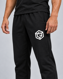 LGLGFG Canon Joggers in Black worn by model, close up third angle