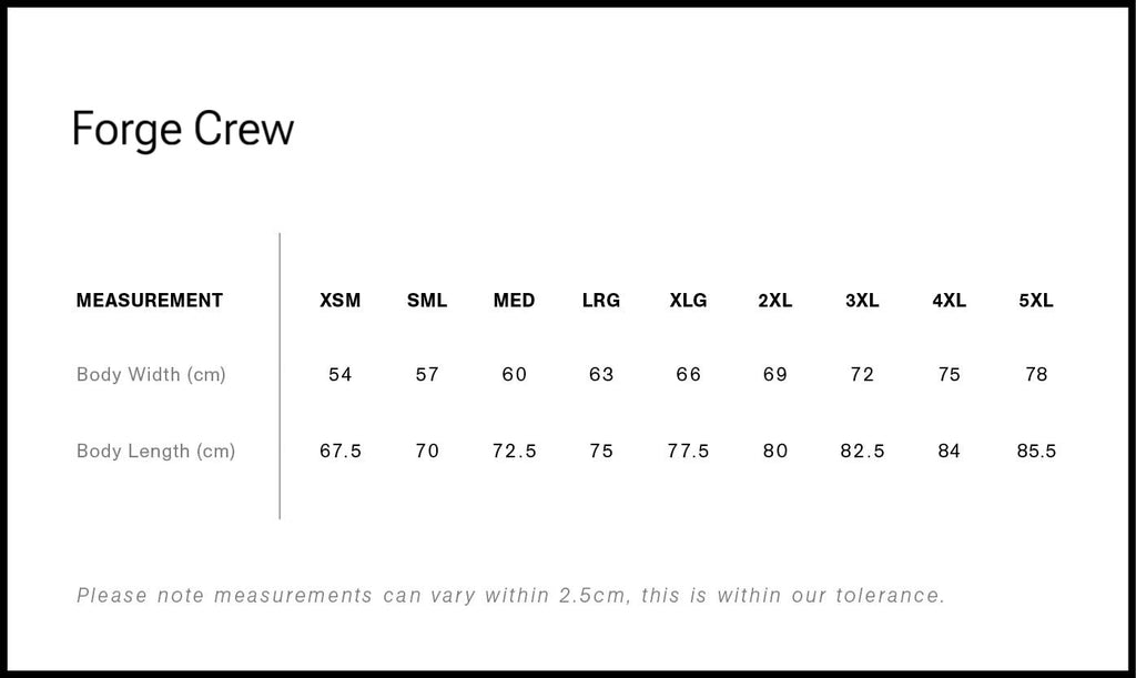 Measurement chart for 'Forge Crew' clothing with size ranges and dimensions.