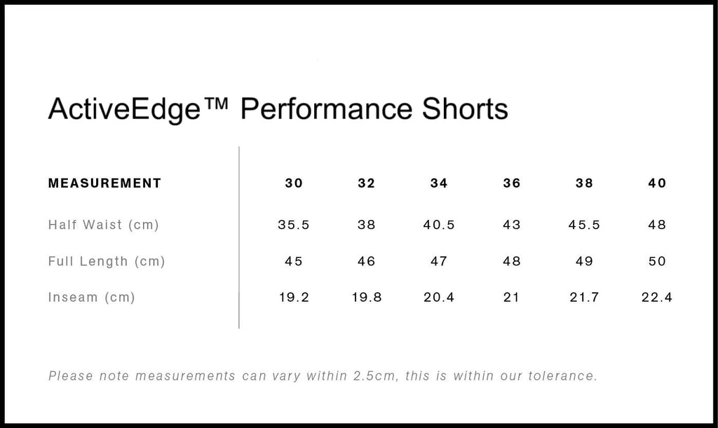 Measurement chart for ActiveEdge Performance Shorts with size chart.