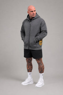 LGLGFG Tenet zip up hoodie front view in washed black - mens cotton polyester fleece Urban Athletis Wear hoodie