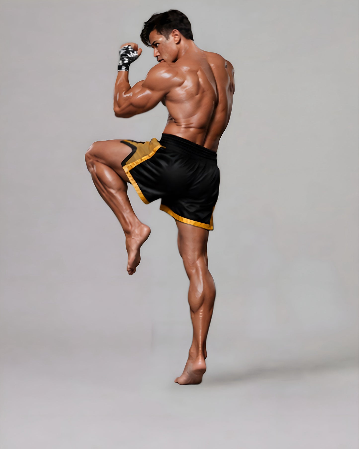 Wide waistband detail on LGLGFG Calibra Muay Thai shorts - mens premium apparel