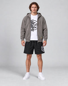 LGLGFG Trio Kit with zip hoodie, graphic T shirt and black shorts, model side view