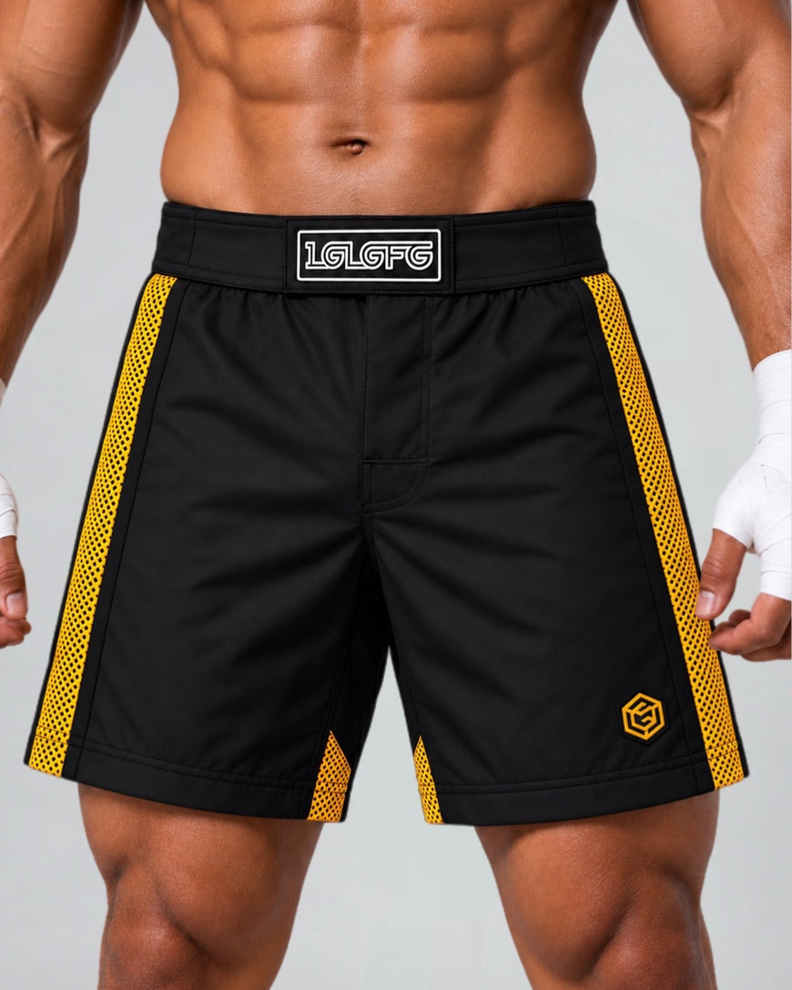 LGLGFG Calibra MMA shorts, black front panel and gold trim detail