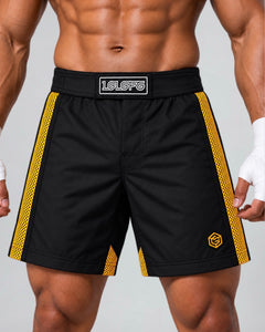 LGLGFG Calibra MMA shorts, black front panel and gold trim detail