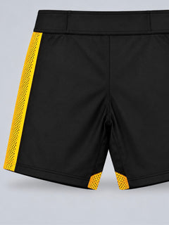 LGLGFG Calibra MMA shorts in black with gold side panels, front product view
