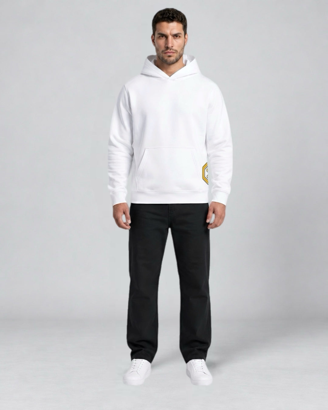 LGLGFG Static pullover hoodie in white, model front view