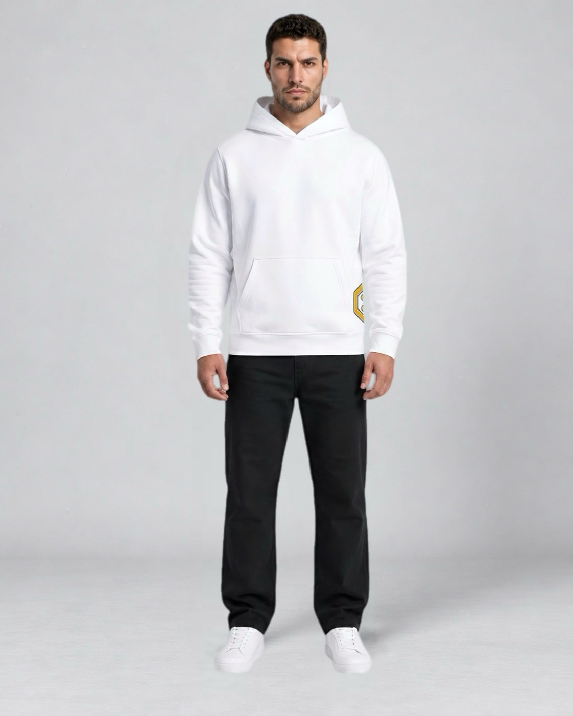 LGLGFG Static pullover hoodie in white, model front view