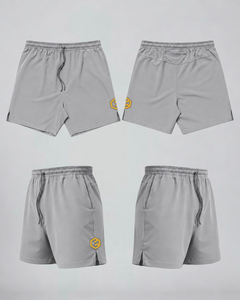 LGLGFG Aegis shorts in grey, front and back product views