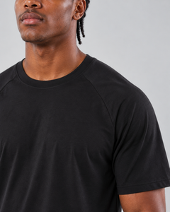 LGLGFG Hybrid T in Black worn by model, close up on fit