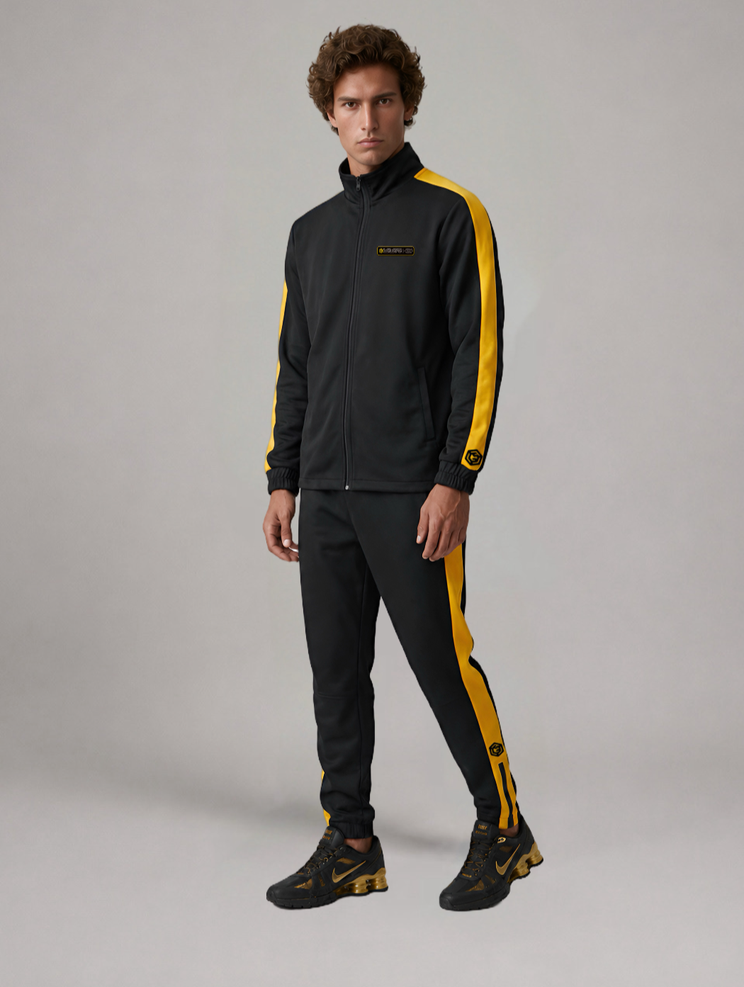 LGLGFG Calibra tracksuit kit front view in black and gold - mens ActiveEdge FlexCore Urban Athletis Wear tracksuit