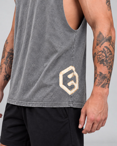 LGLGFG Keystone Sleeveless Tank in Ash Stone worn by model, close up second angle