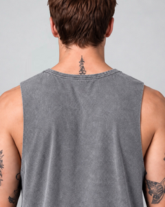 LGLGFG Keystone Sleeveless Tank in Ash Stone worn by model, close up third angle