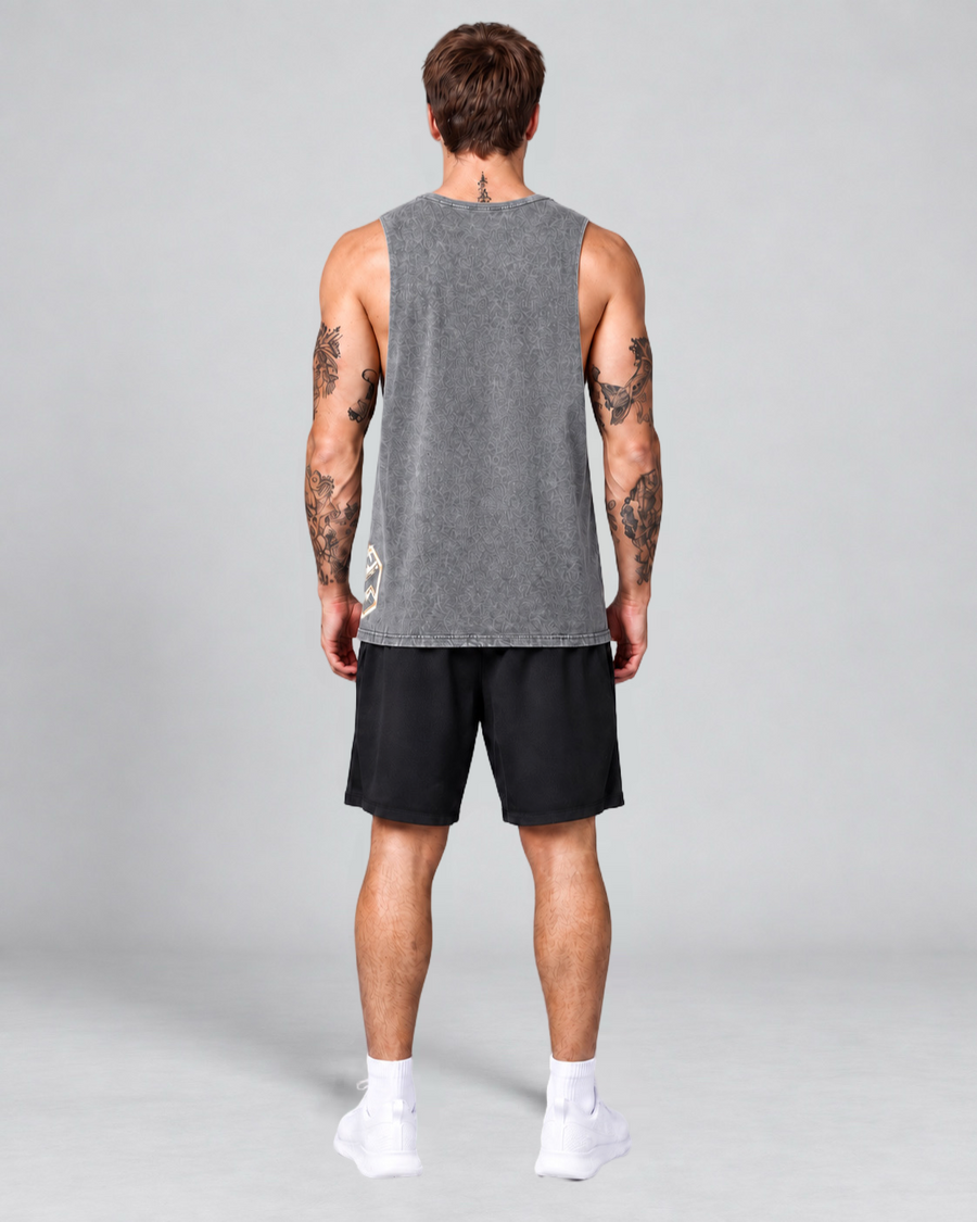 Model wearing a grey LGLGFG Keystone sleeveless tank